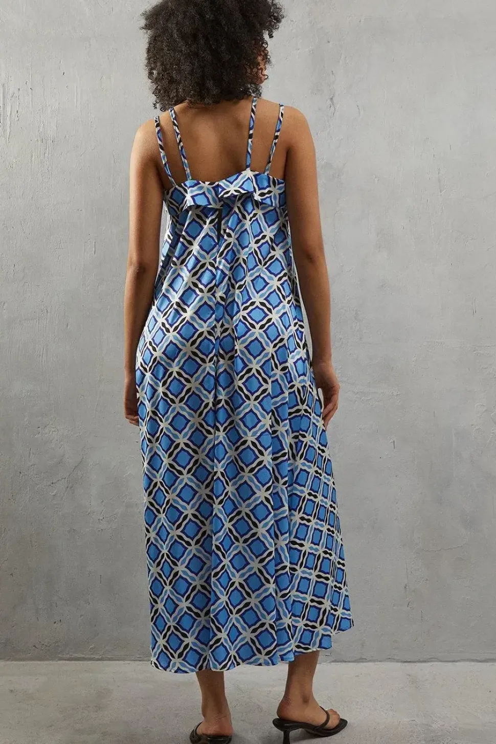 Geo Satin Strappy Square Neck Midi Sundress