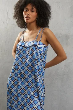Geo Satin Strappy Square Neck Midi Sundress
