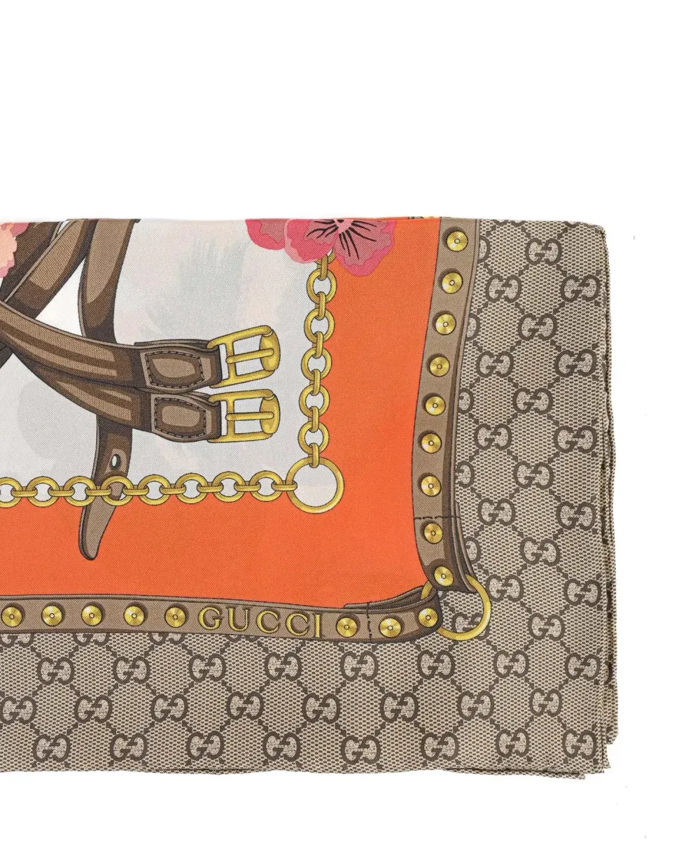 GG Supreme Silk Scarf with Floral Print and Chain Belt Motif