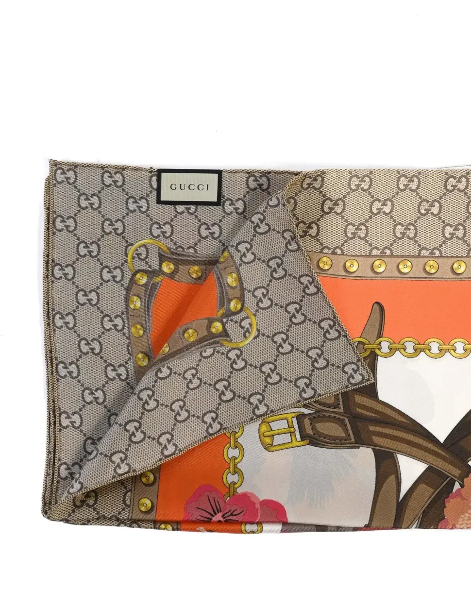 GG Supreme Silk Scarf with Floral Print and Chain Belt Motif