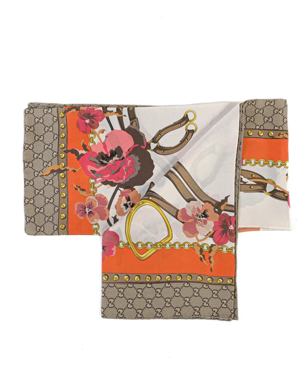 GG Supreme Silk Scarf with Floral Print and Chain Belt Motif
