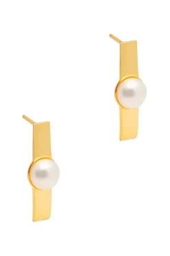 Gift Packaged 'Kitty' 18ct Yellow Gold Plated 925 Silver Linear Bar & Freshwater Pearl Earrings