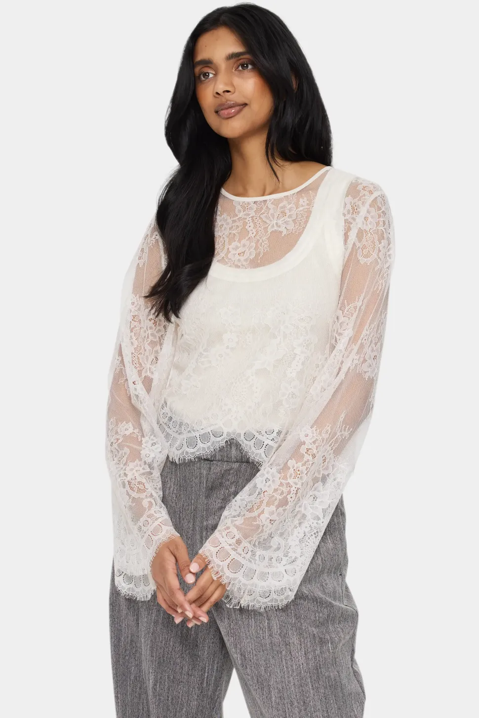 GigiSZ Long Sleeve Sheer Lace Blouse-