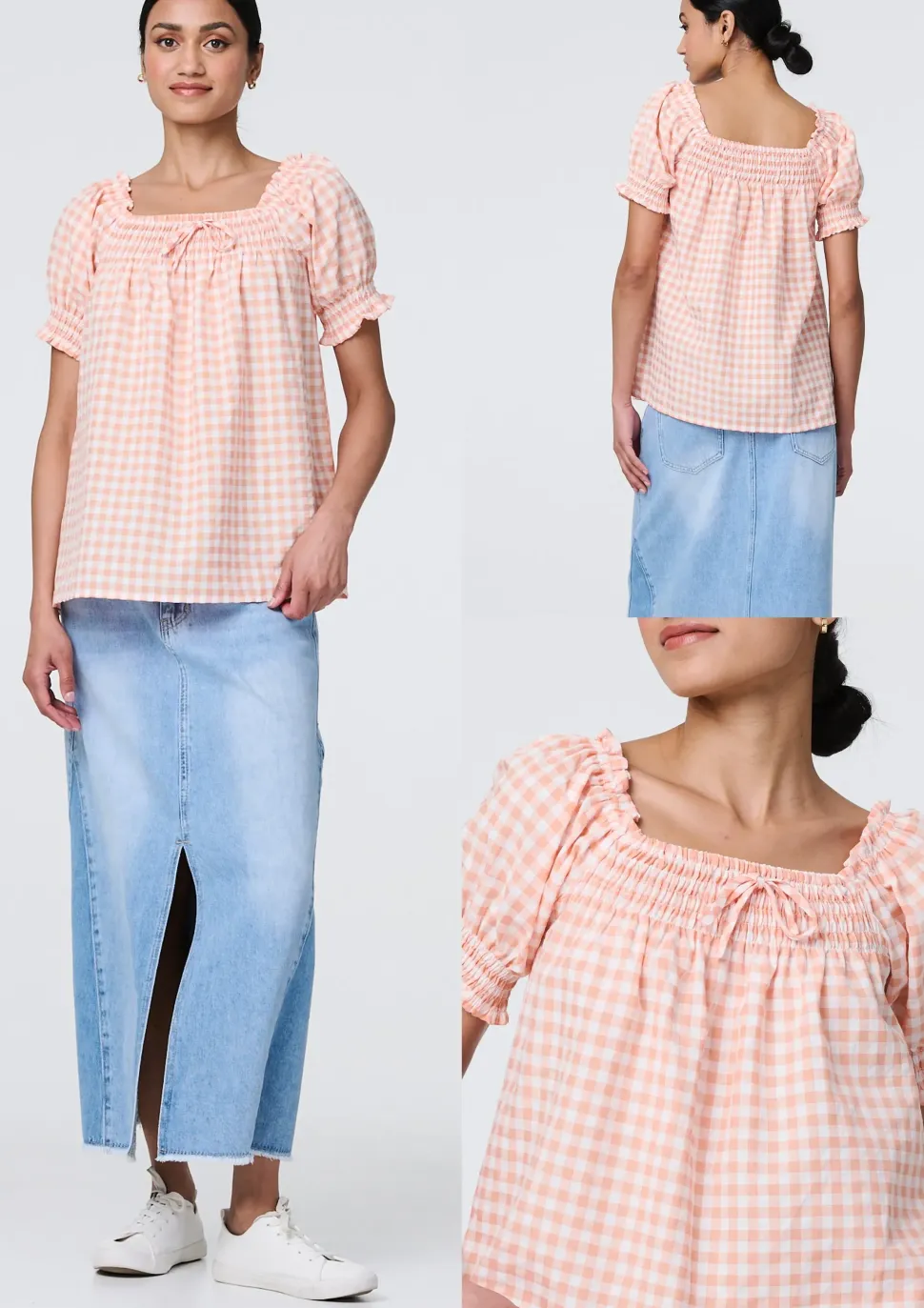 Gingham Check Puff Sleeve Blouse