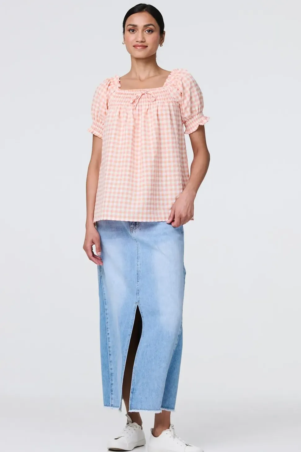 Gingham Check Puff Sleeve Blouse