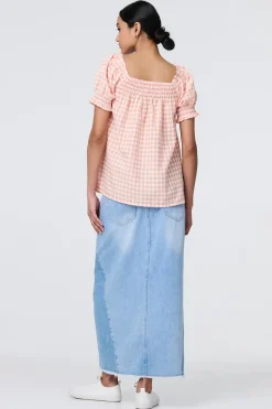 Gingham Check Puff Sleeve Blouse