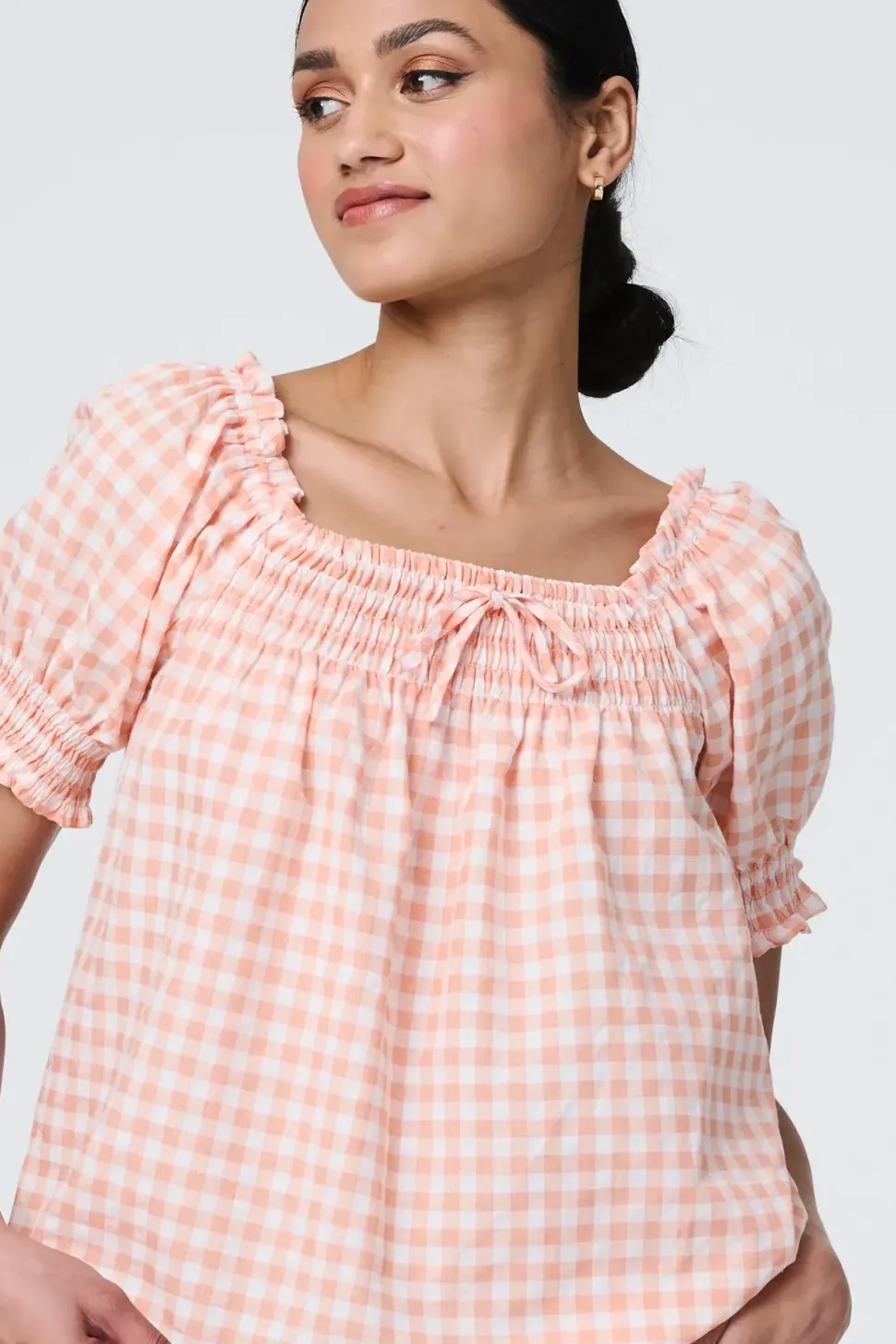 Gingham Check Puff Sleeve Blouse