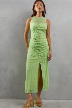 Gingham Mesh Sleeveless Channel Detail Fitted Midi Dress