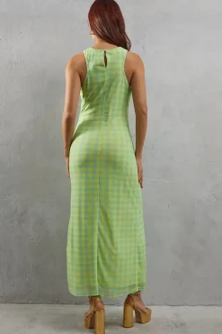 Gingham Mesh Sleeveless Channel Detail Fitted Midi Dress