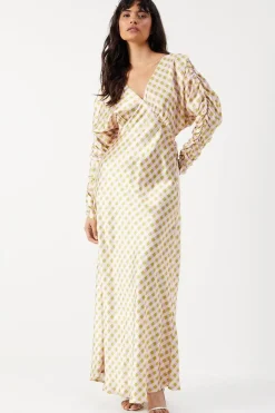 Gingham Satin Batwing Bias Midi Dress