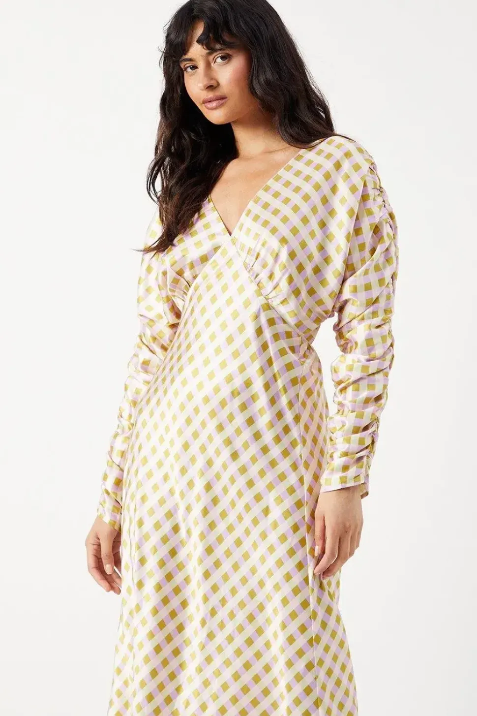 Gingham Satin Batwing Bias Midi Dress