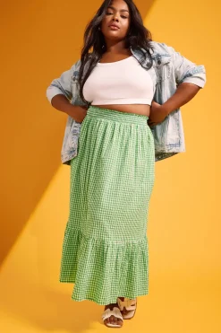 Gingham Tiered Pure Cotton Midi Skirt