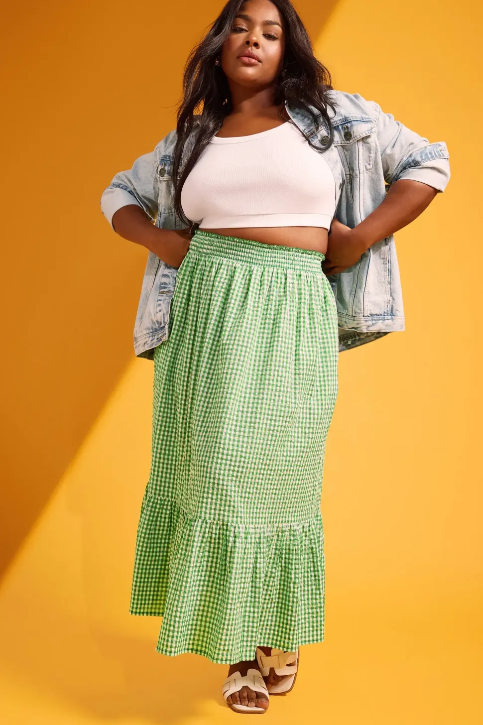 Gingham Tiered Pure Cotton Midi Skirt