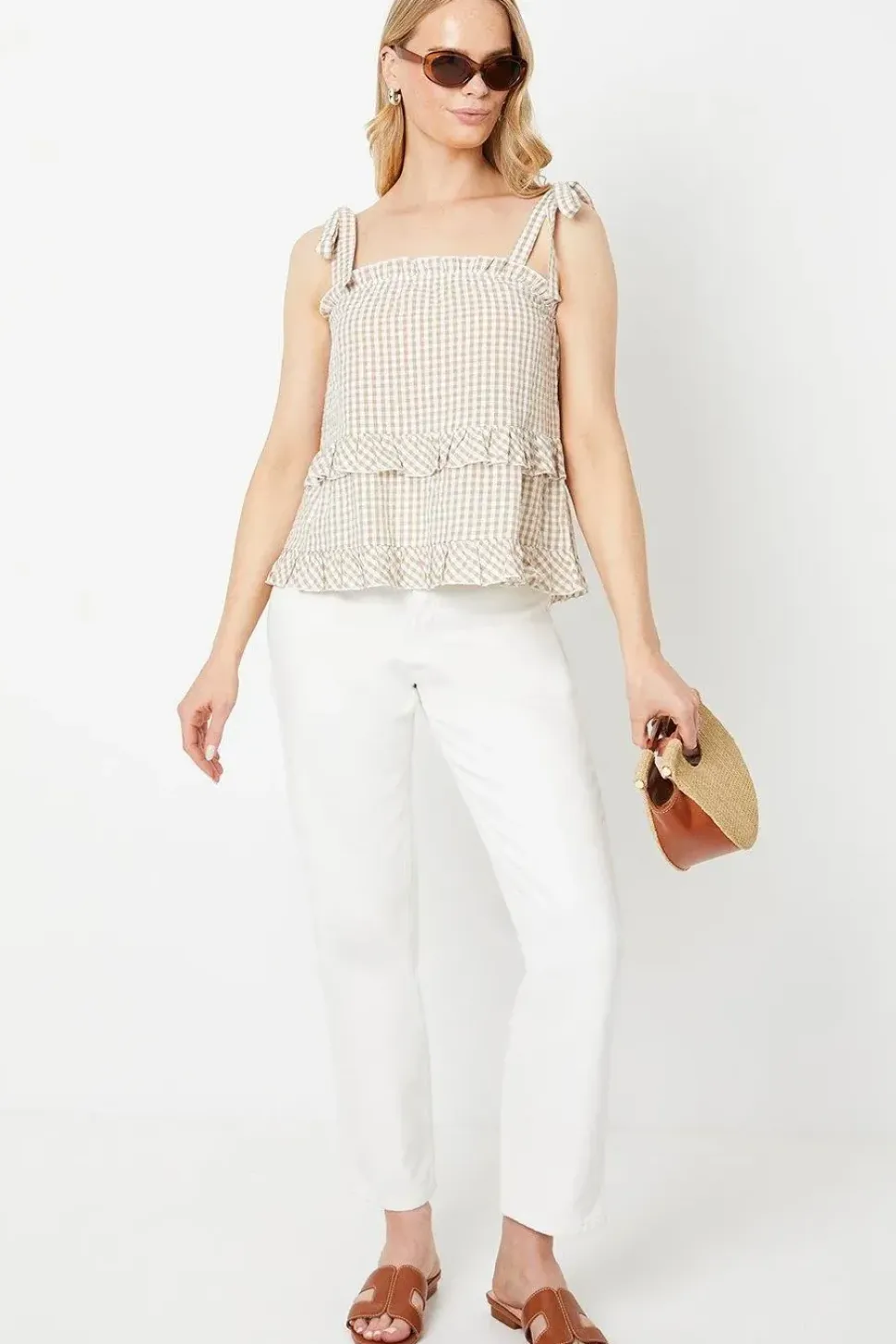 Gingham Tie Shoulder Tiered Top