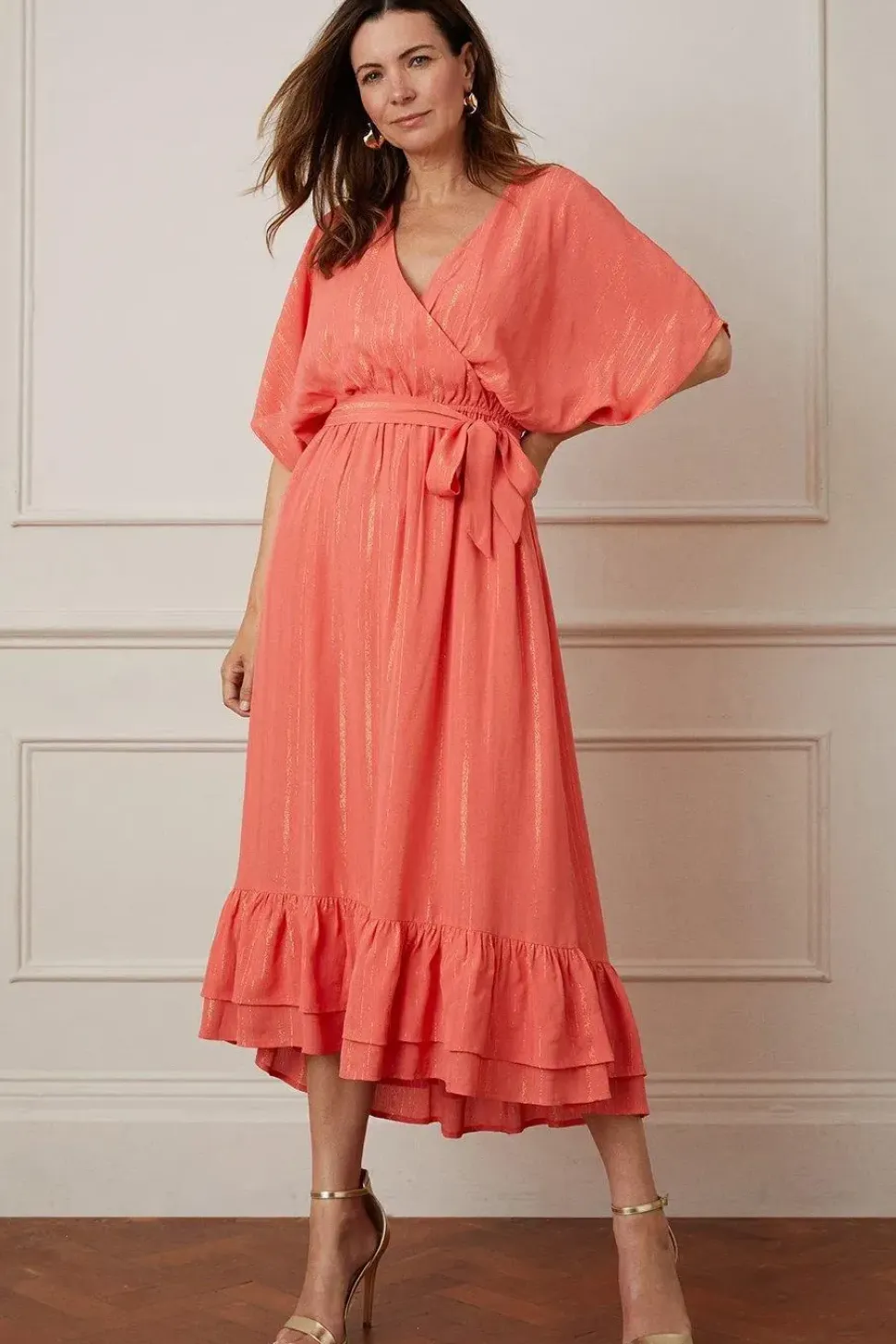 Glitter Stripe Ruffle Hem Midaxi Dress