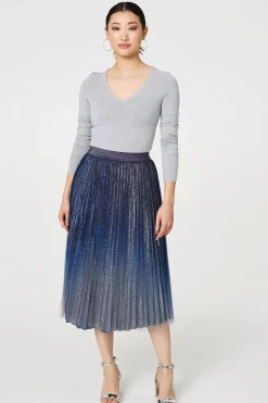 Glittery Sheer Mesh Pleated Midi Skirt