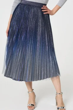 Glittery Sheer Mesh Pleated Midi Skirt