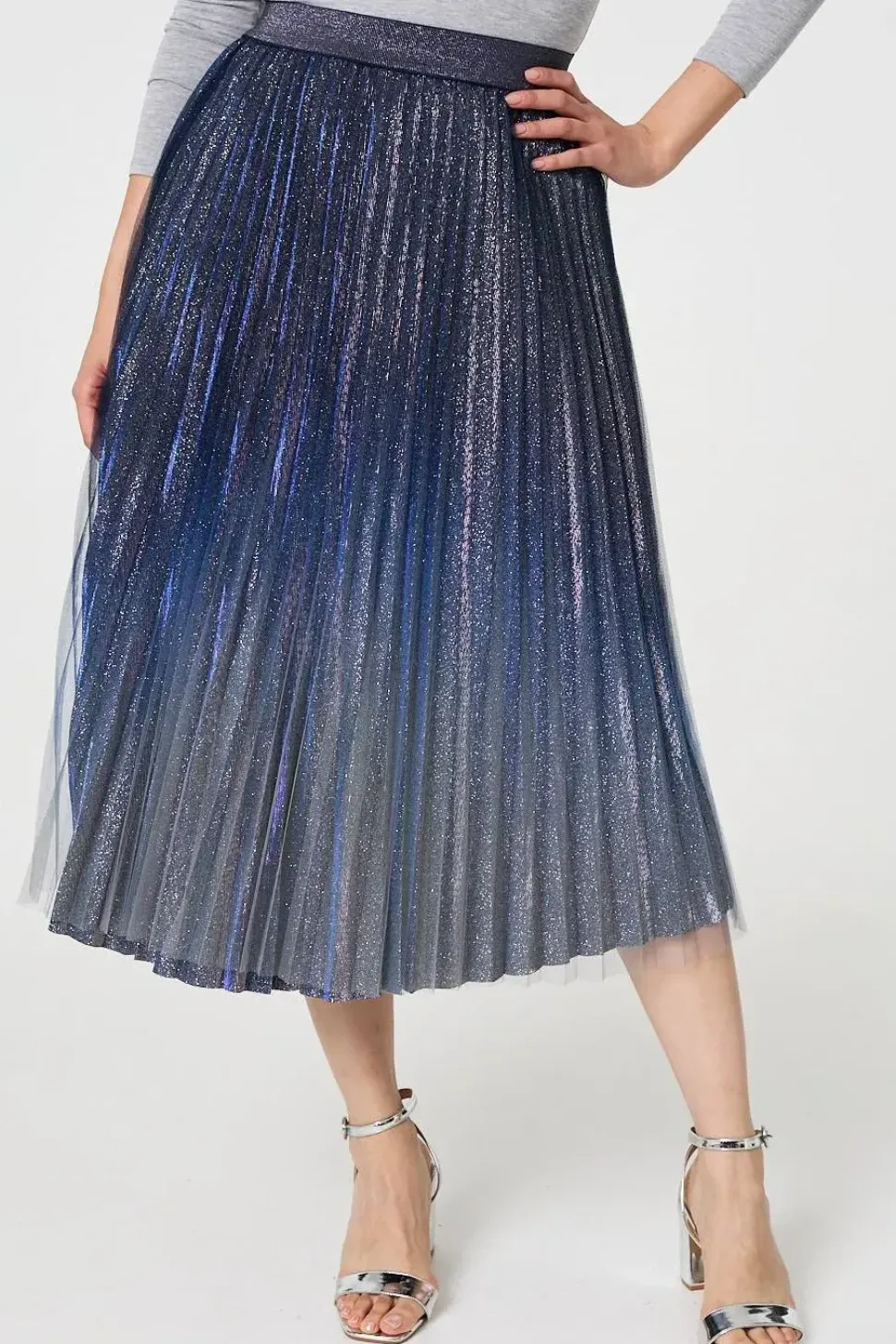 Glittery Sheer Mesh Pleated Midi Skirt