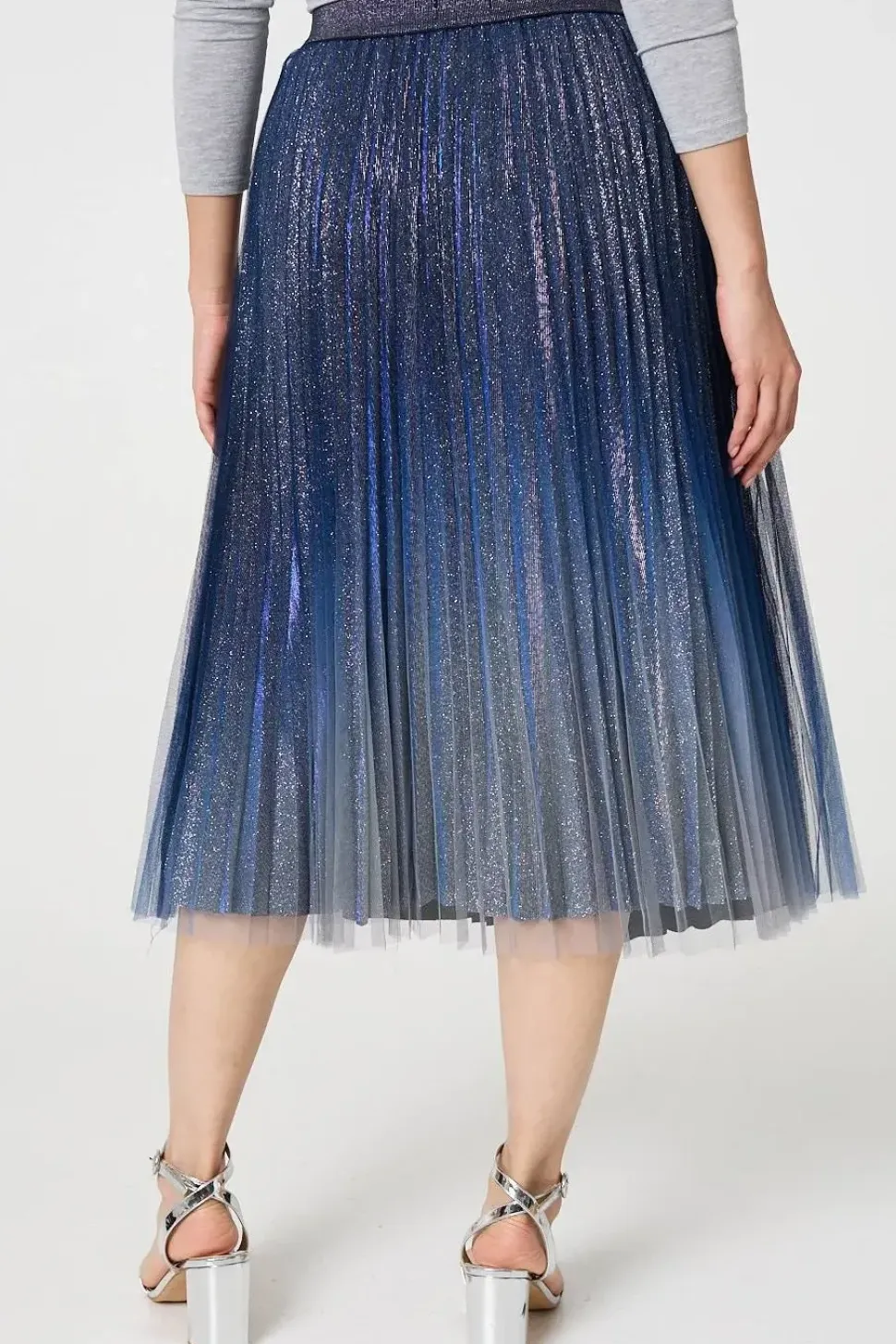 Glittery Sheer Mesh Pleated Midi Skirt