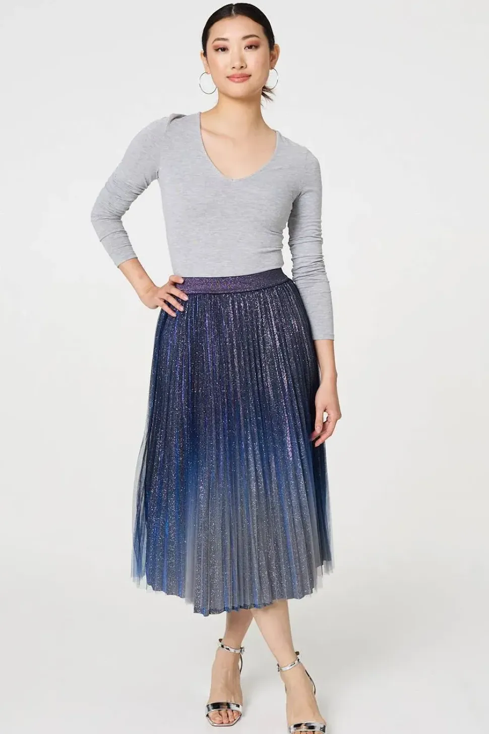 Glittery Sheer Mesh Pleated Midi Skirt