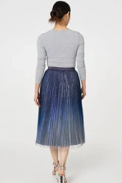 Glittery Sheer Mesh Pleated Midi Skirt