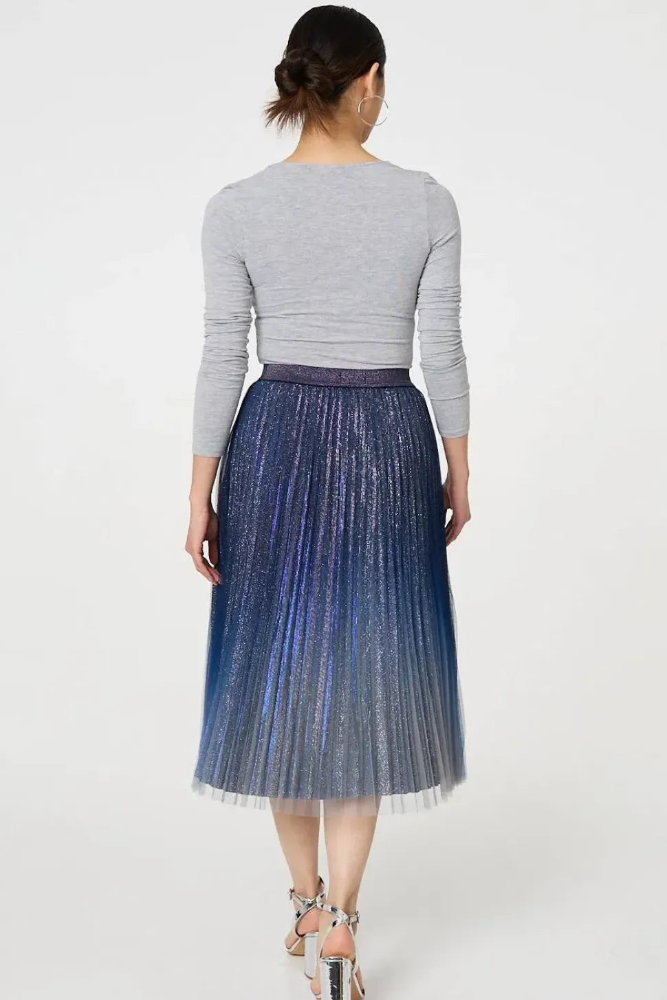 Glittery Sheer Mesh Pleated Midi Skirt
