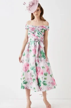 Glossy Organza Bardot Midi Dress