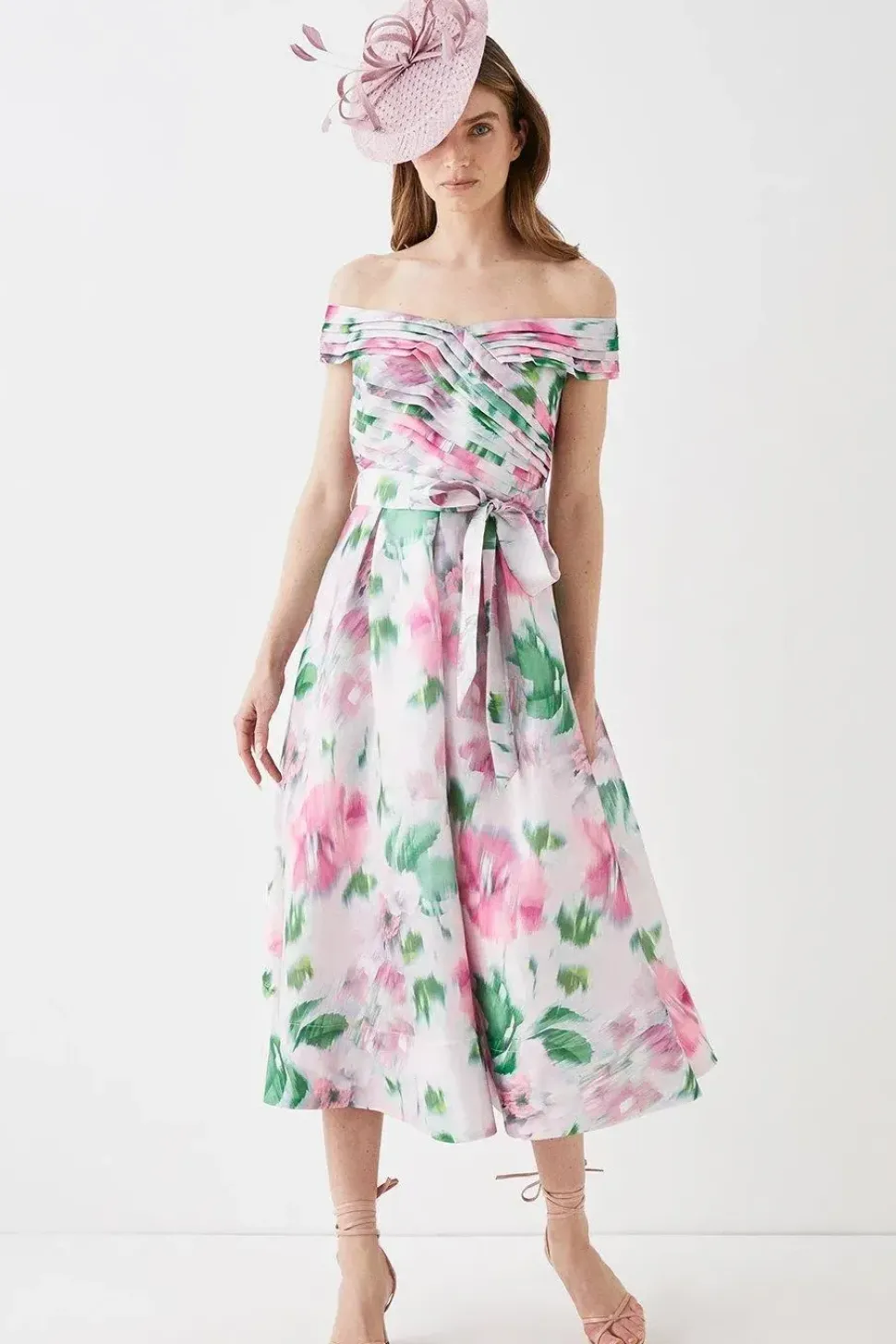 Glossy Organza Bardot Midi Dress