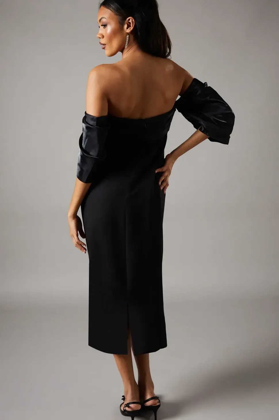 Glossy Twill Pleated Bodice Bardot Midi Dress