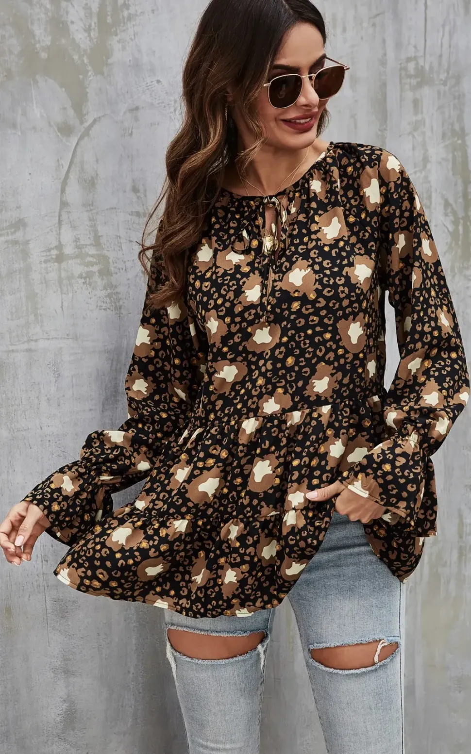 Gold Animal Print Smock Ruffle Top In Black