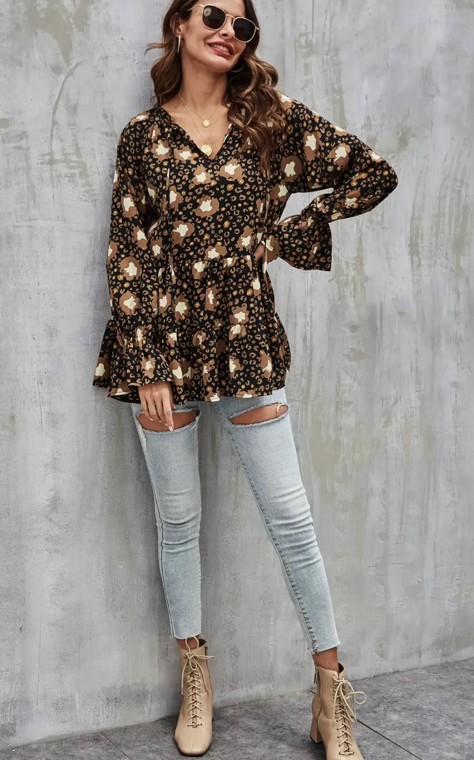 Gold Animal Print Smock Ruffle Top In Black