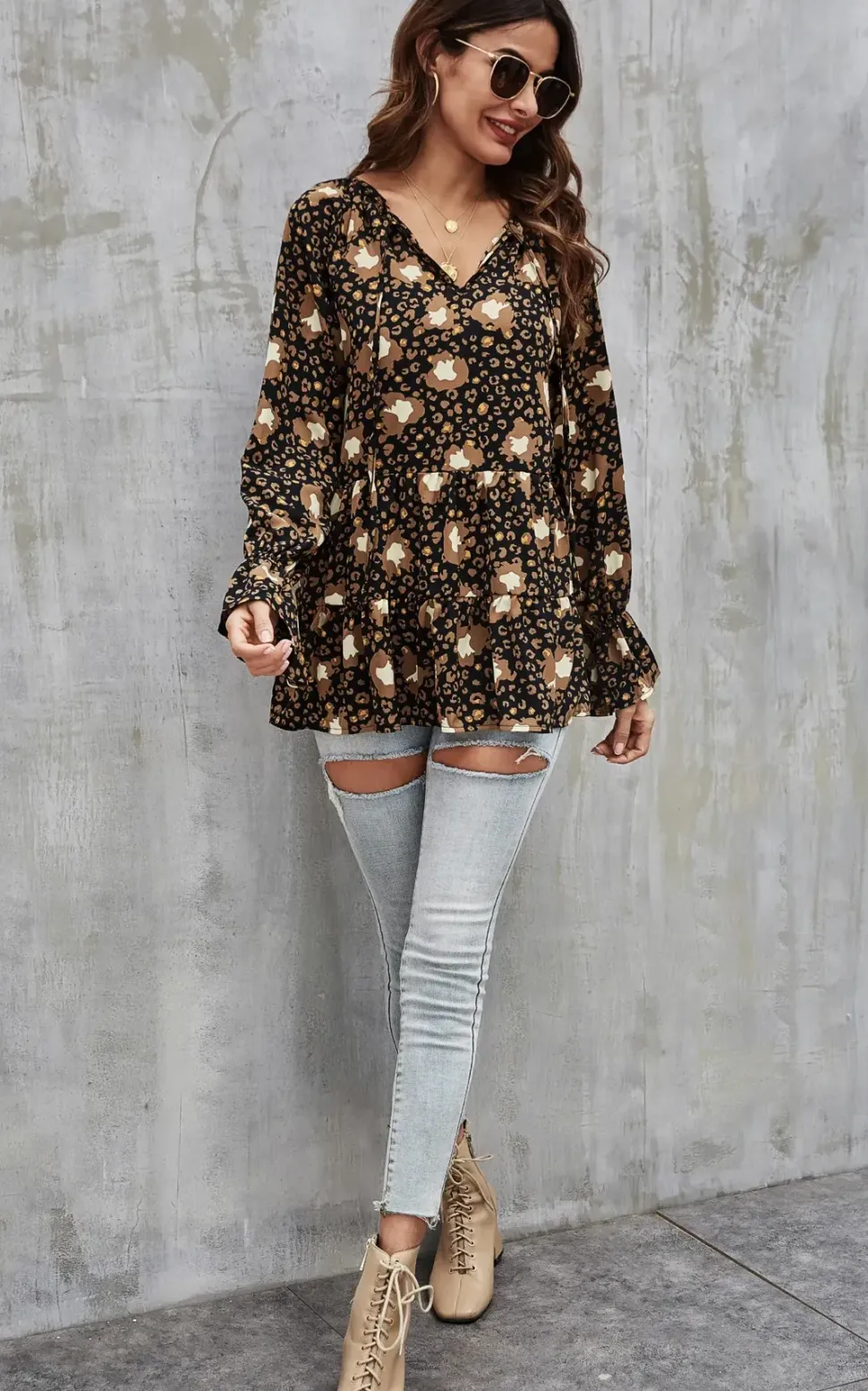 Gold Animal Print Smock Ruffle Top In Black