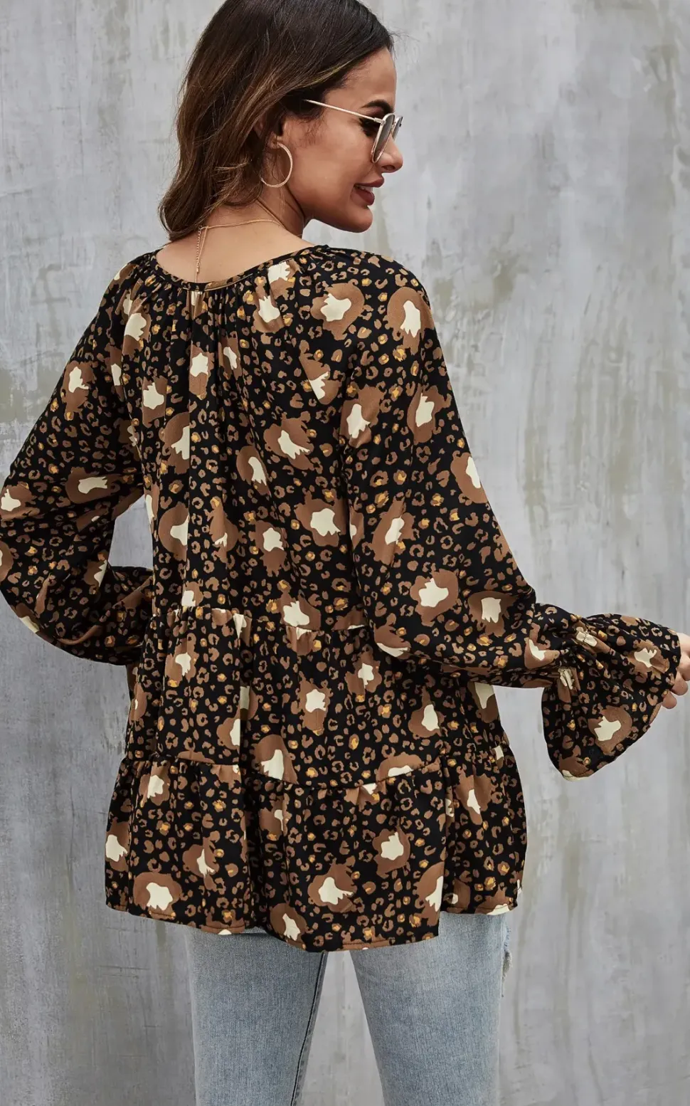 Gold Animal Print Smock Ruffle Top In Black