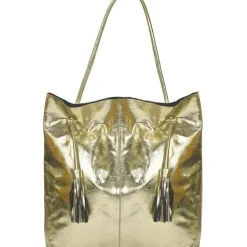 Gold Drawcord Metallic Leather Hobo Shoulder Bag