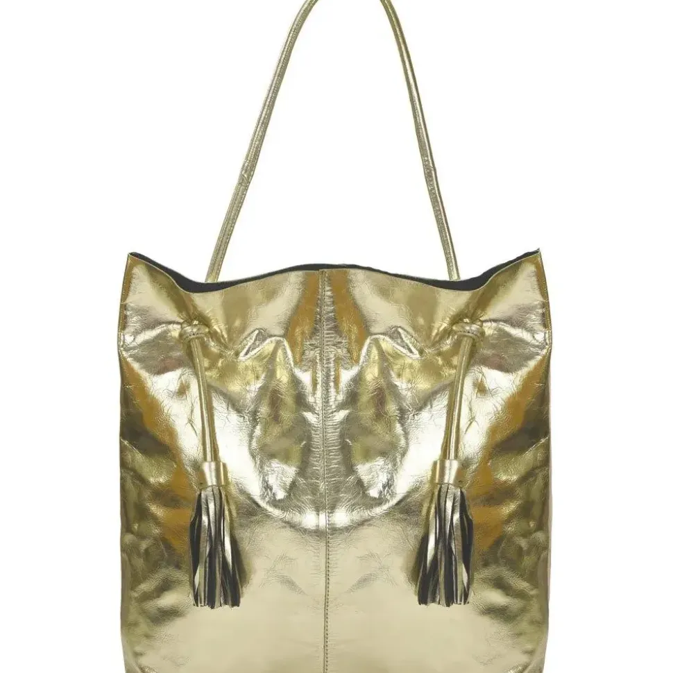 Gold Drawcord Metallic Leather Hobo Shoulder Bag