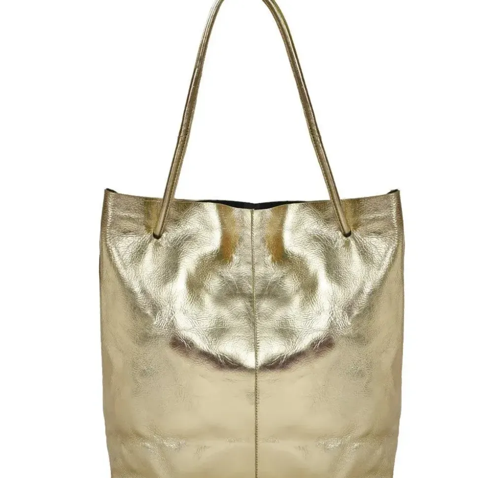 Gold Drawcord Metallic Leather Hobo Shoulder Bag