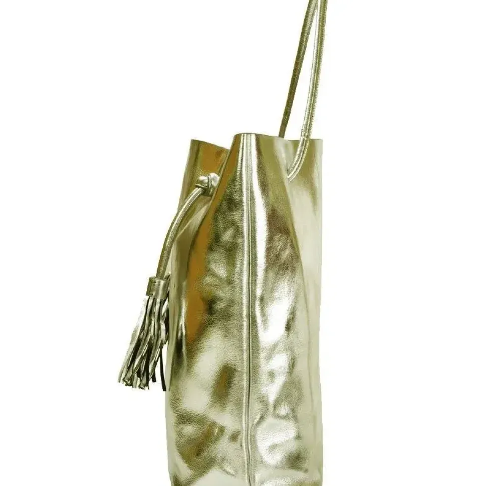 Gold Drawcord Metallic Leather Hobo Shoulder Bag