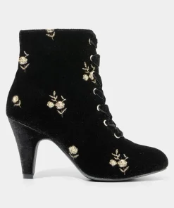 Gold Floral Embroidered Velvet Ankle Boots with Ribbon Laces