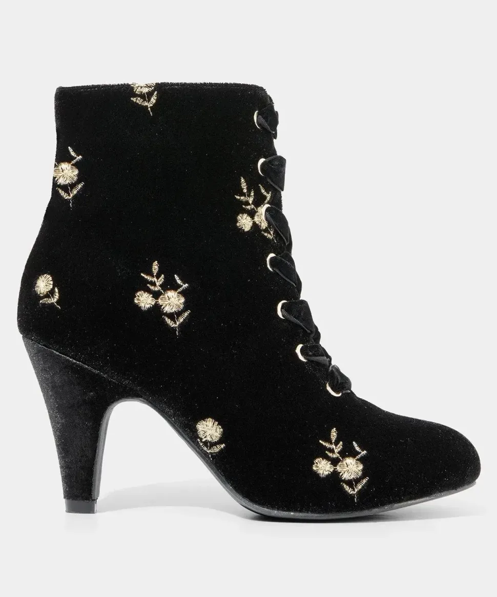Gold Floral Embroidered Velvet Ankle Boots with Ribbon Laces