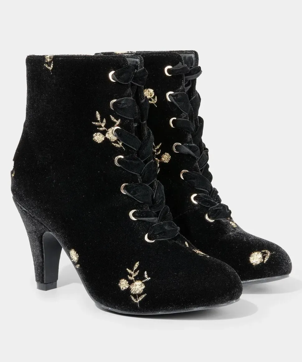 Gold Floral Embroidered Velvet Ankle Boots with Ribbon Laces