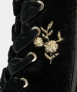 Gold Floral Embroidered Velvet Ankle Boots with Ribbon Laces