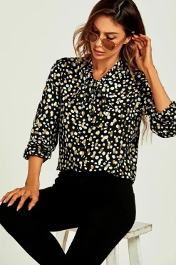 Gold Foil Black Leopard Dot Print Pussybow Blouse