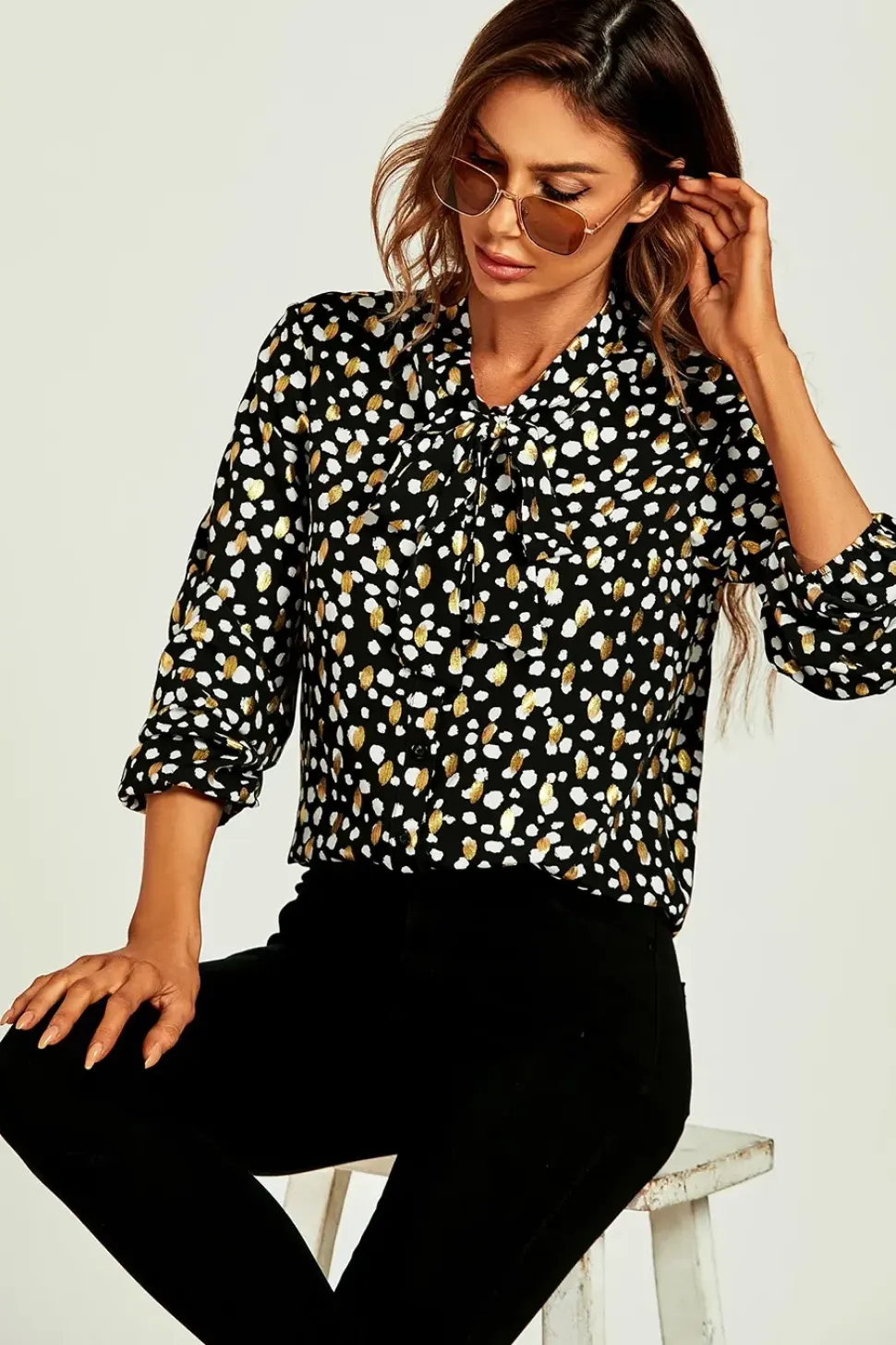 Gold Foil Black Leopard Dot Print Pussybow Blouse