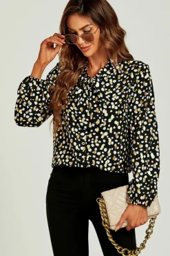 Gold Foil Black Leopard Dot Print Pussybow Blouse
