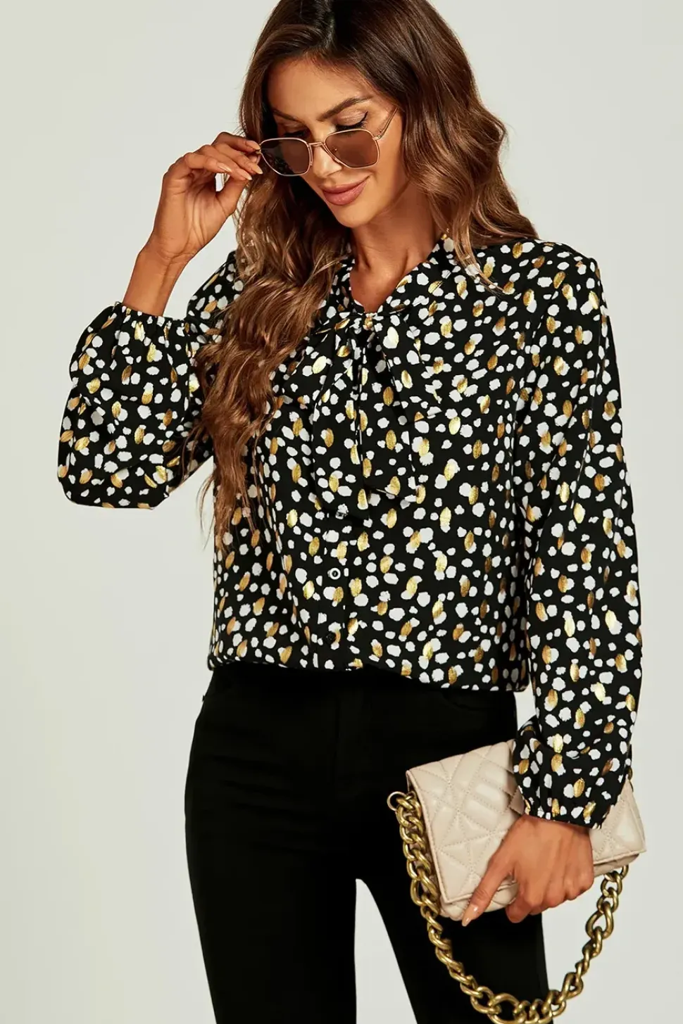 Gold Foil Black Leopard Dot Print Pussybow Blouse