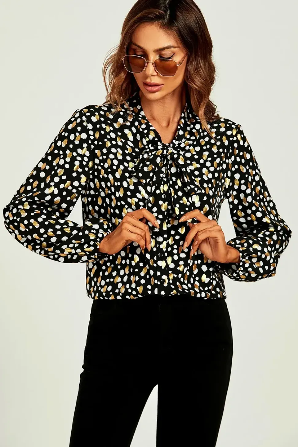 Gold Foil Black Leopard Dot Print Pussybow Blouse