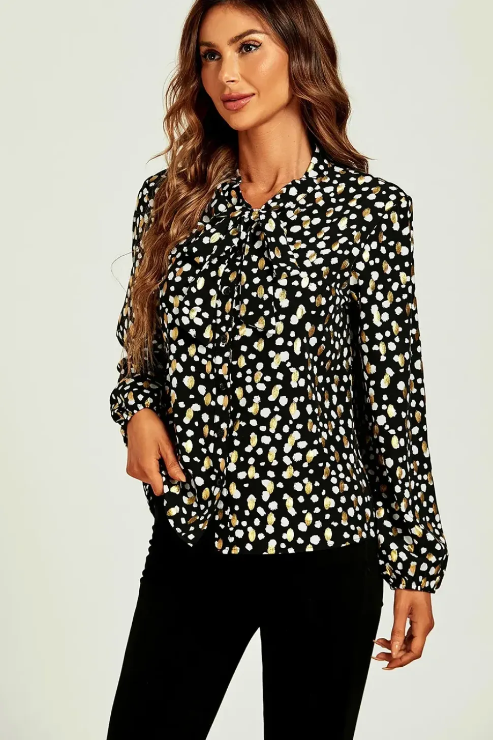 Gold Foil Black Leopard Dot Print Pussybow Blouse