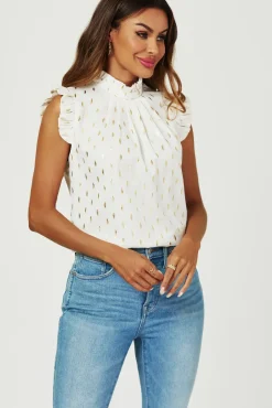 Gold Foil Frill Trim Sleeve High Neck Blouse Top In Cream