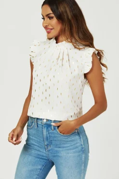 Gold Foil Frill Trim Sleeve High Neck Blouse Top In Cream