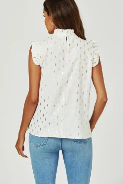 Gold Foil Frill Trim Sleeve High Neck Blouse Top In Cream